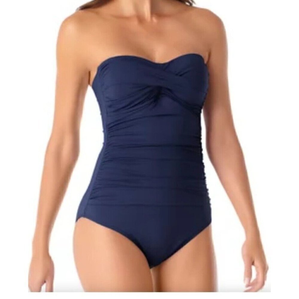 ANNE Cole Twist Front Shirred Bandeau One-Piece Swimsuit 16 Removable Straps NWT